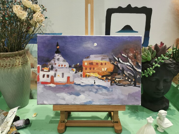手绘油画 莫斯科的冬夜 油画颜料非丙烯 丙...