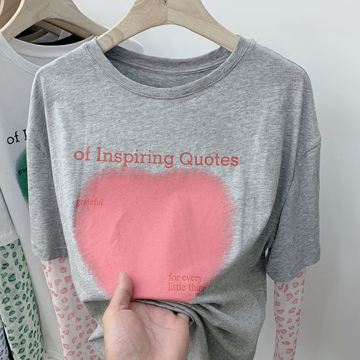 欧货爱心字母T恤拼色网纱长袖防晒衫设计感宽...