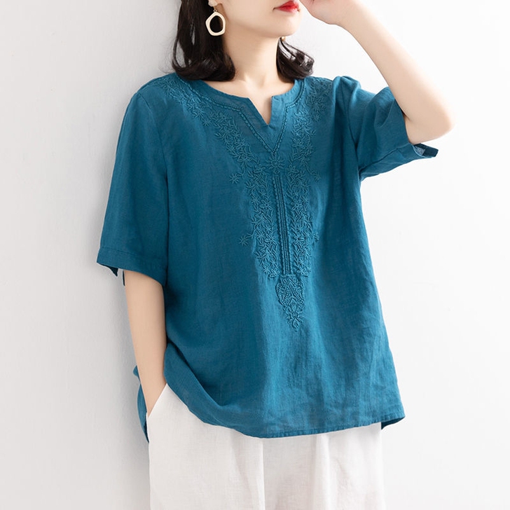 2021新款夏季纯棉v领棉麻衬衫女文艺宽松...
