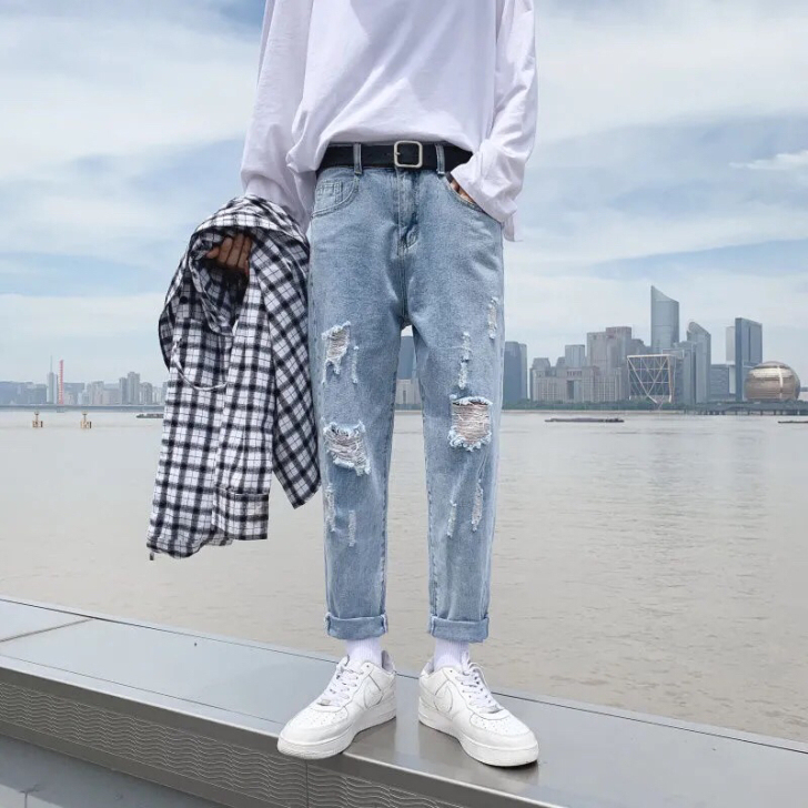 破洞九分牛仔裤男潮牌宽松直筒百搭韩版潮流春...