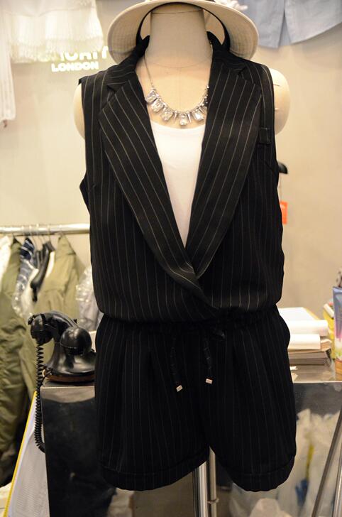 夏季新款时尚韩版显瘦短裤西装领连体裤条纹#...