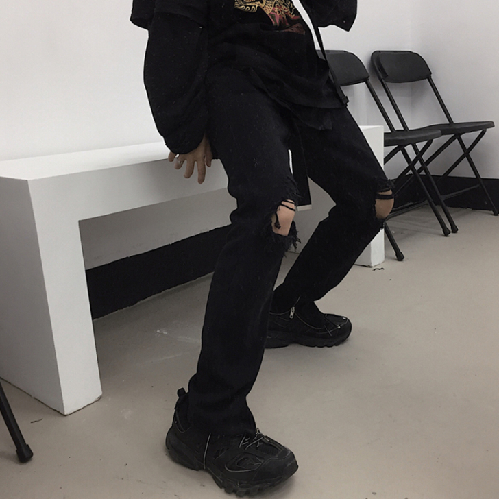 黑色裤子女2021新款高街复古破洞牛仔裤春...