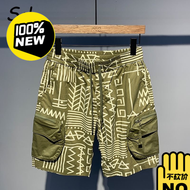 短裤男外穿夏季时尚印花百搭拼接口袋男士休闲...