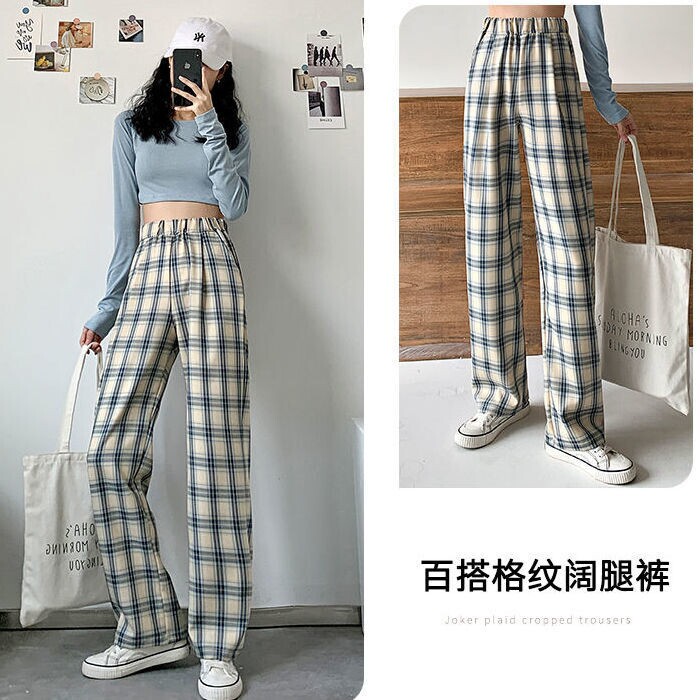 新款黑白格子裤春夏女学生韩版宽松高腰直筒显...