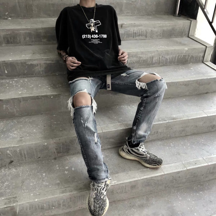FOG风格复古高街破洞牛仔裤长裤修身小脚牛...