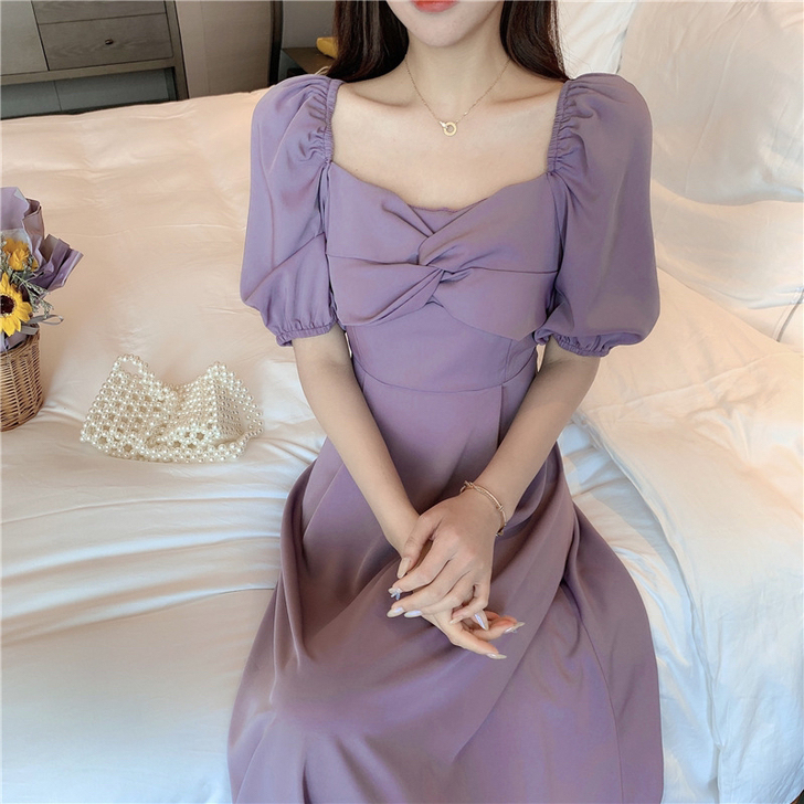 紫色连衣裙女夏新款甜美复古法式少女神范气质...