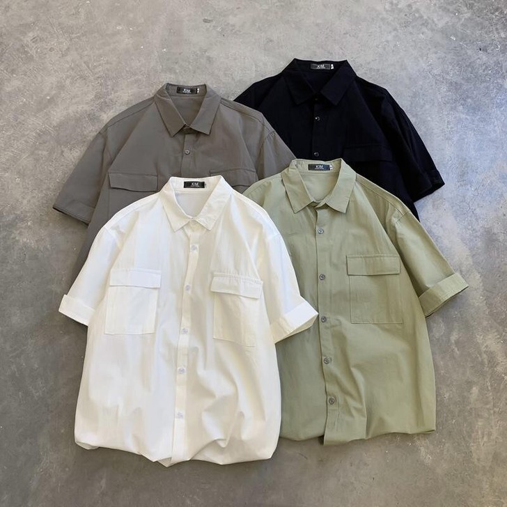 夏季新款短袖衬衫男宽松工装五分袖衬衣男士韩...