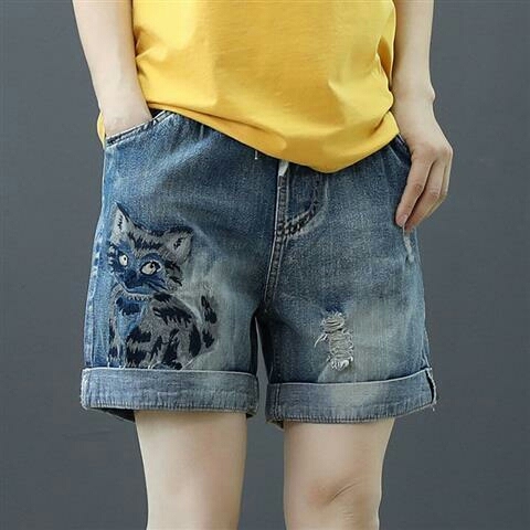 松紧腰破洞做旧牛仔短裤女夏季高腰宽松直筒休...