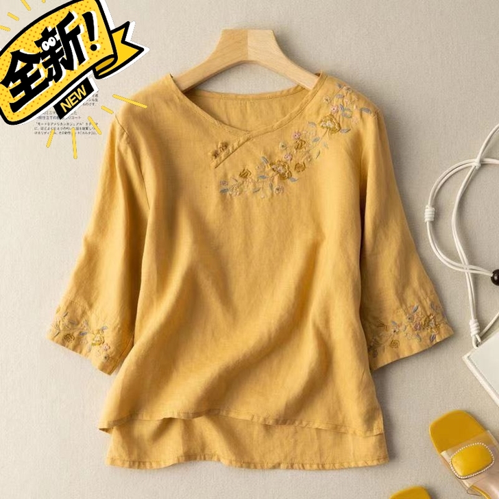 棉麻七分袖刺绣盘扣文艺复古衬衫女夏季宽松大...