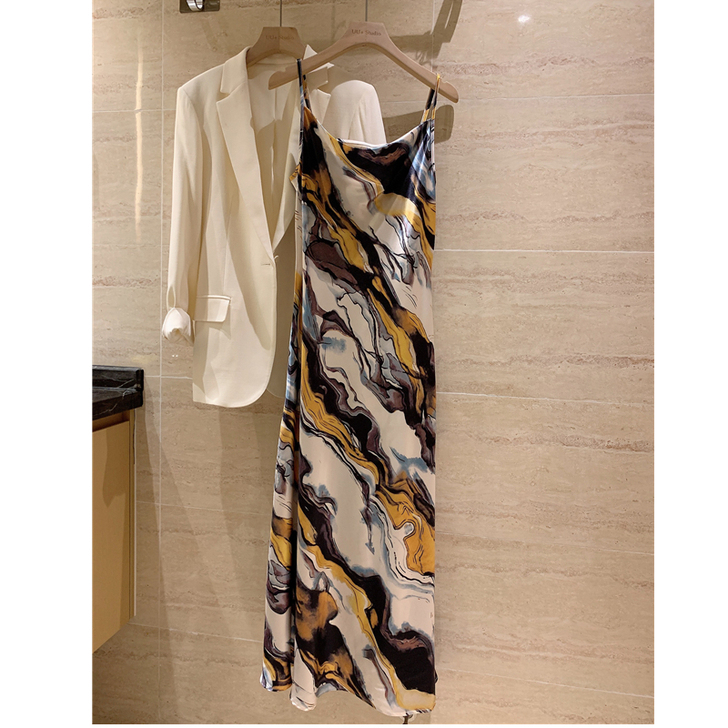 重磅19姆米桑蚕丝真丝气质修身法式吊带长连...