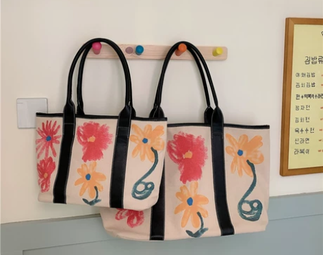 韩国新款女包2022ins拼接帆布涂鸦花朵...