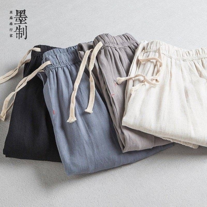 亚麻裤男夏季宽松薄款休闲裤日系复古九分裤小...