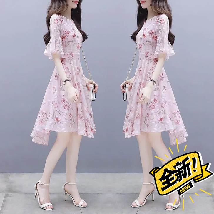 冰丝连衣裙夏2021年新款碎花收腰显瘦气质...