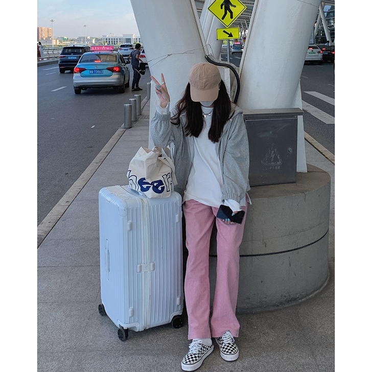 粉色灯芯绒裤子女薄款夏季宽松直筒高腰长裤休...