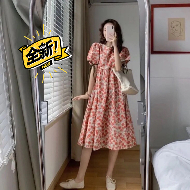 全新包邮2021夏季新款花朵印花连衣裙女显...