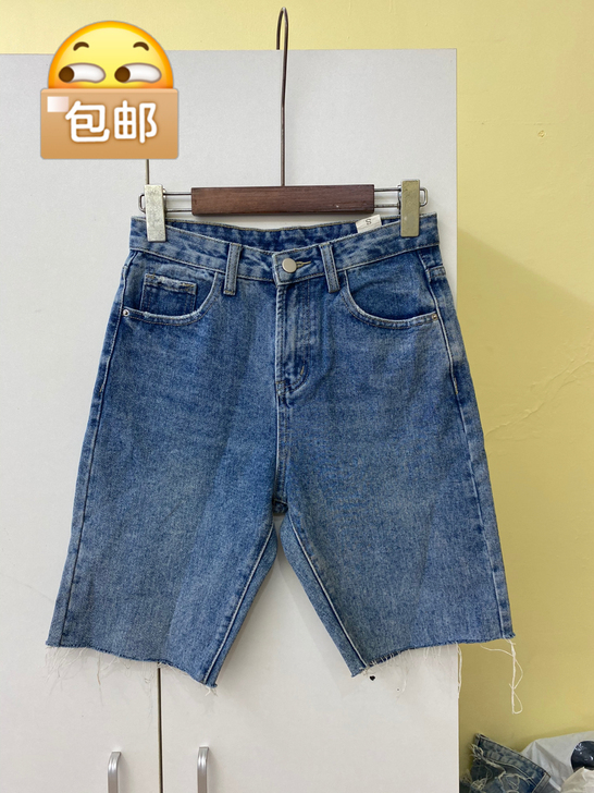全新 实体店清货SL高腰宽松直筒牛仔五分裤...