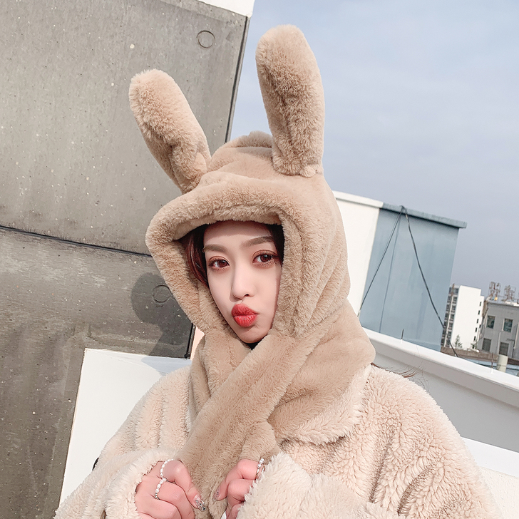 会动兔耳朵帽子女冬围脖一体帽甜美可爱护耳帽...