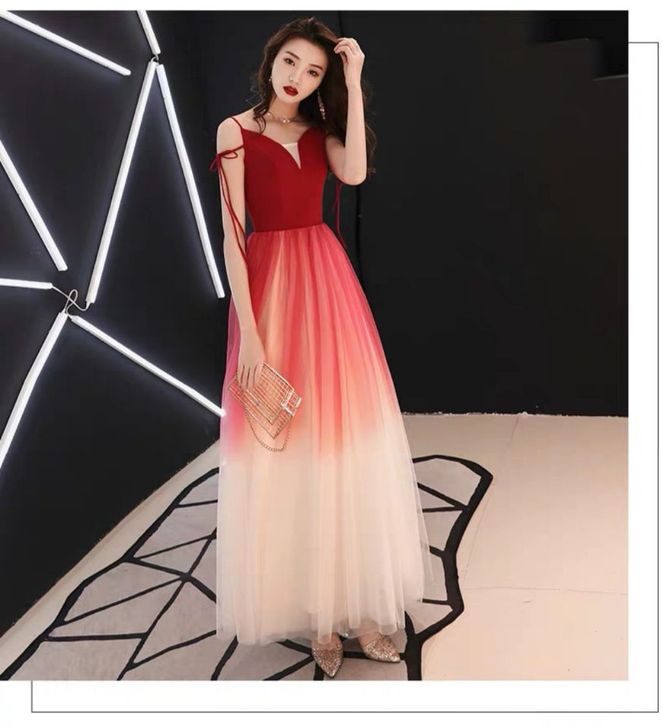 韩版性感礼服吊带深V领露背收腰拼接渐变色网...