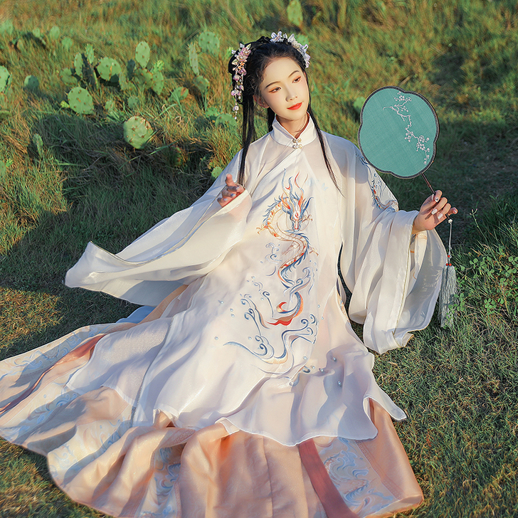 汉尚华莲应潮生汉服女正品明制长衫腾龙刺绣褶...
