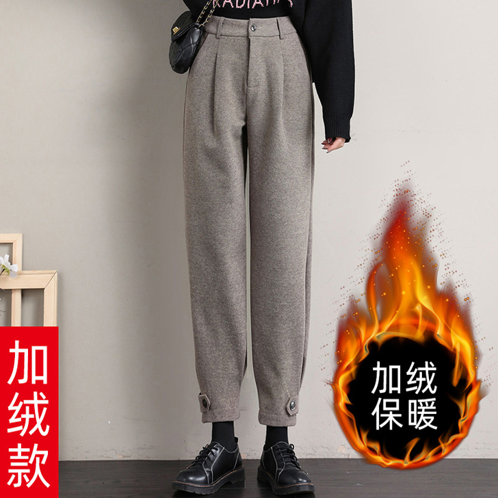 毛呢裤子女秋冬灰色2020新款宽松显瘦高腰...