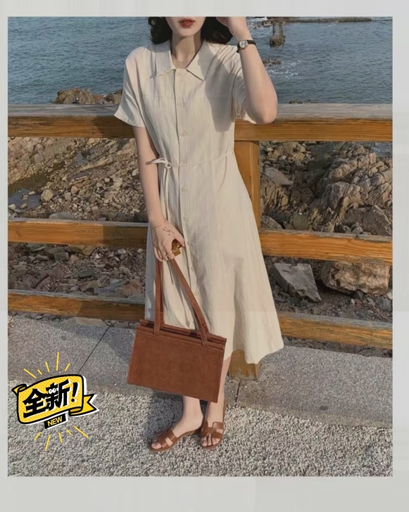 初恋连衣裙简约女裙时尚夏装中长款裙子衬衫领...