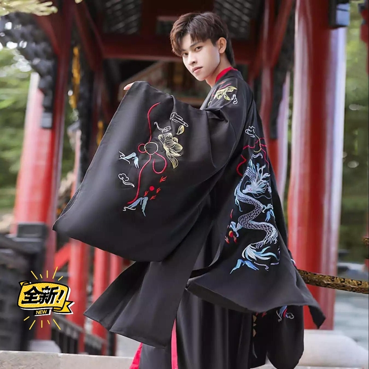 断码清仓！汉服男仙气古风男士黑色龙纹刺绣魏...