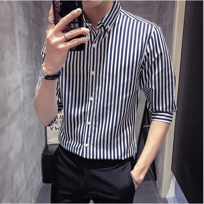 男士短袖衬衫夏季新款韩版修身七分袖条纹衬衣...