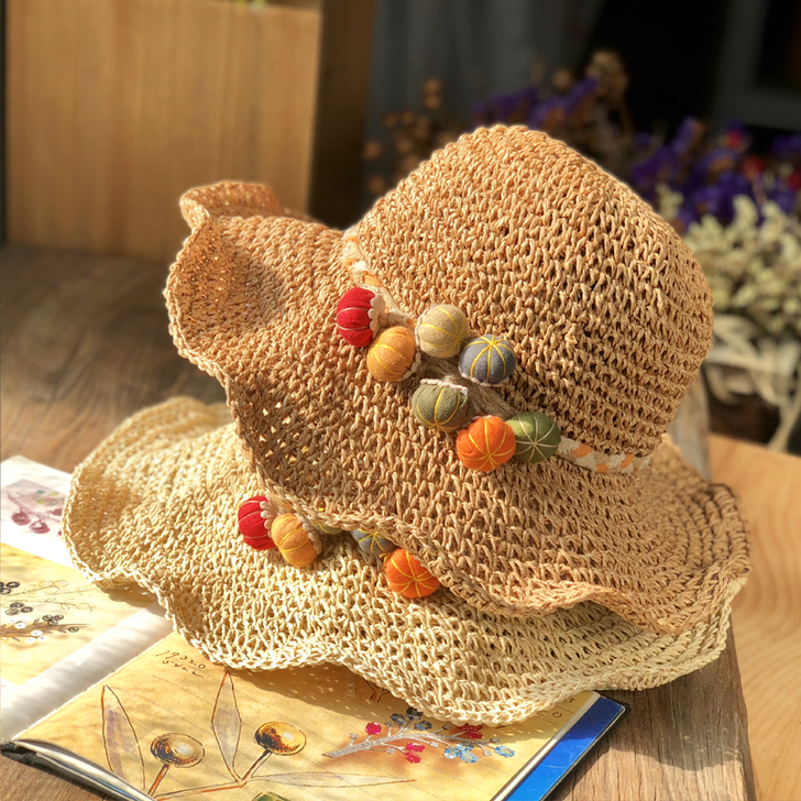 日系可爱大檐布艺南瓜装饰镂空编织草帽女夏天...