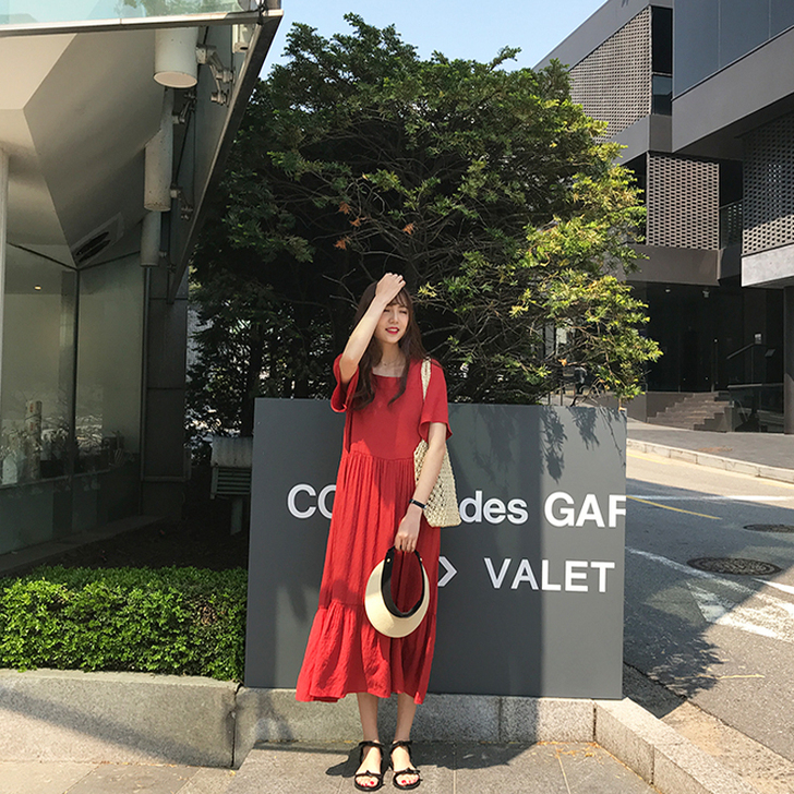 森系红色连衣裙显瘦宽松复古红裙超仙法式山本...