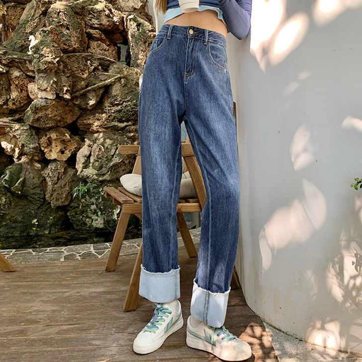 卷边直筒牛仔裤女高腰宽松2020新款春秋季...