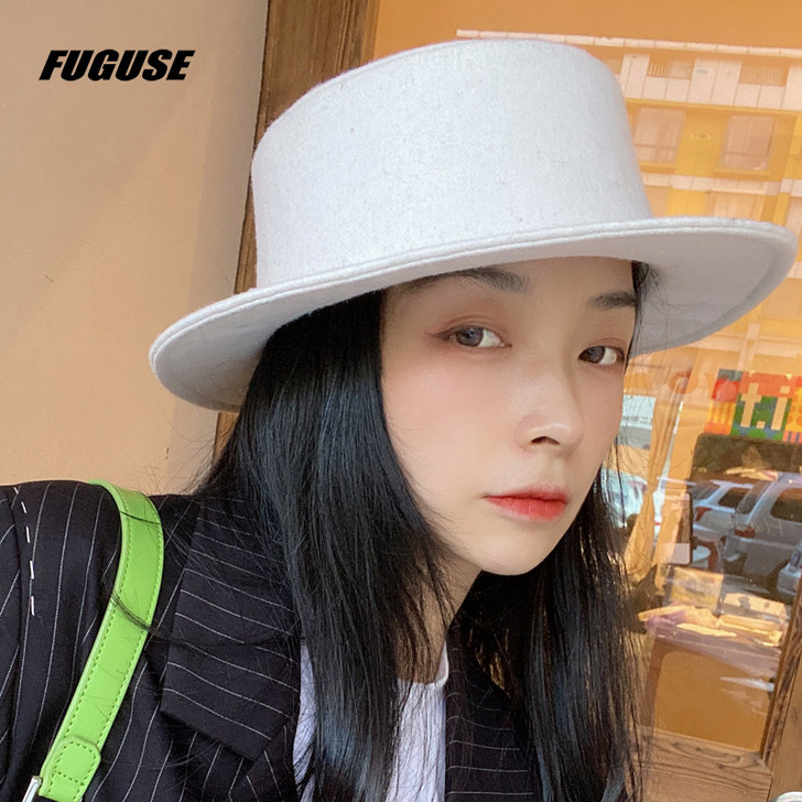 帽子女英伦秋冬名媛羊毛呢平顶圆礼帽女时尚百...