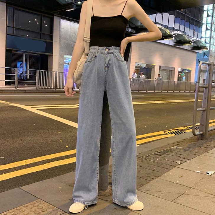 高腰拖地牛仔裤女直筒宽松垂感阔腿裤2020...
