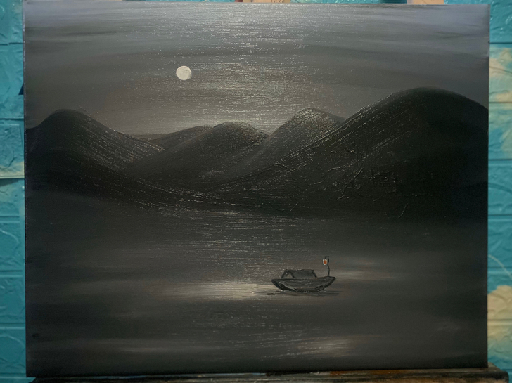 野生油画作品《孤舟》