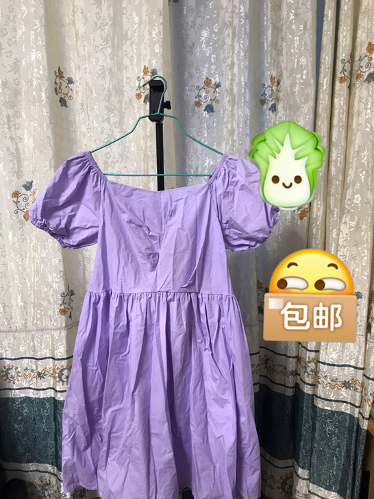 夏季A字高腰显瘦方领泡泡袖连衣裙