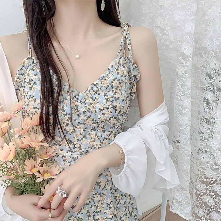 温柔淑女碎花裙吊带裙法式复古雪纺连衣裙防晒...