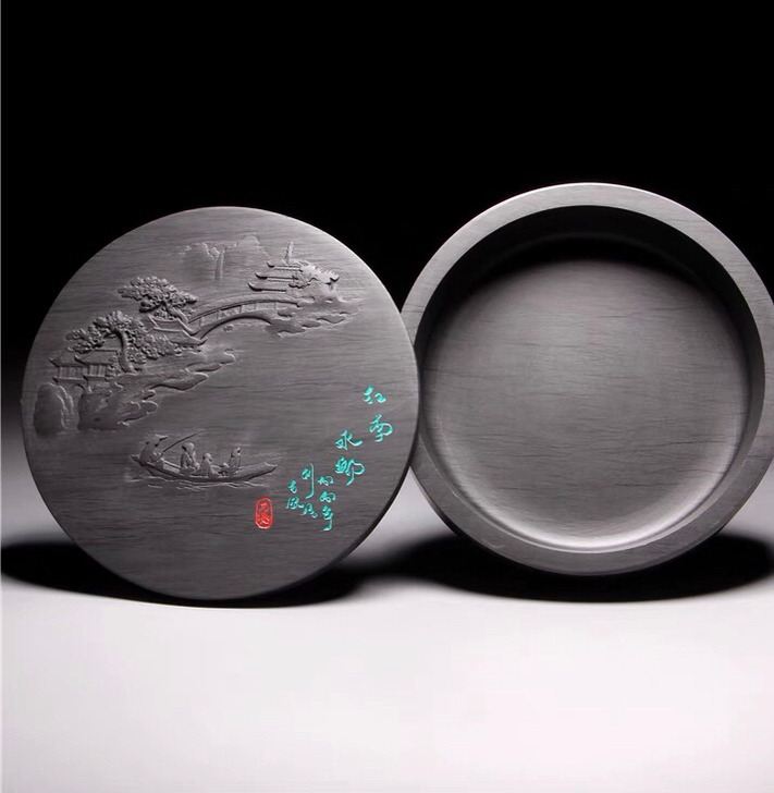 天然原石砚台墨碟 歙砚带盖圆砚 精品老坑端...