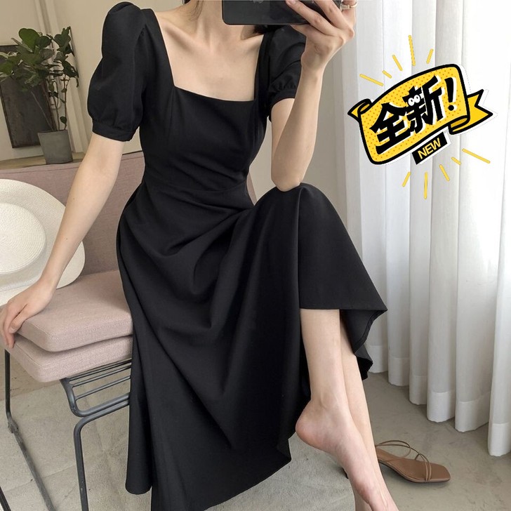 黑色连衣裙女2021夏新款ins茶歇裙气质...