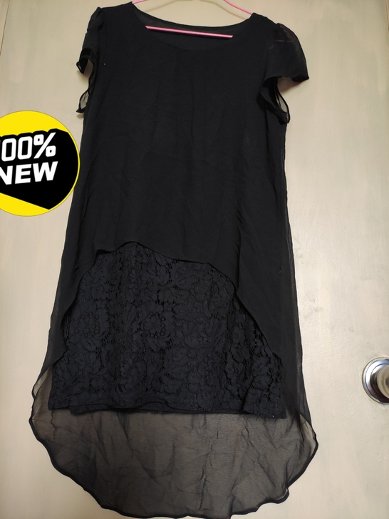 全新黑雪纺蕾丝气质连衣裙！无吊牌介意勿拍！