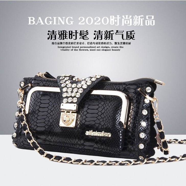 真皮包包女新款时尚蛇纹女镶钻斜挎包百搭单肩...