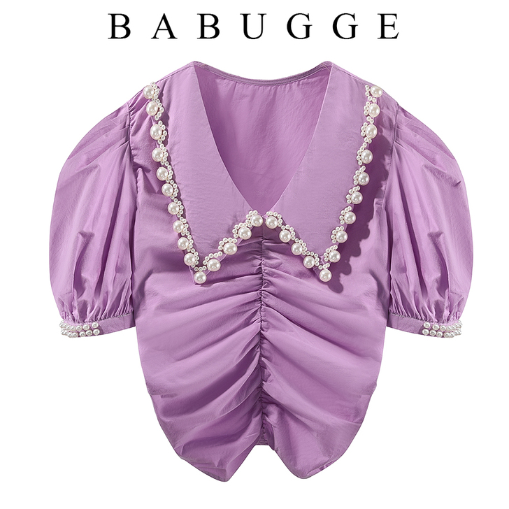 韩版小心机抽皱衬衫女洋气订珠V领衬衣紫色夏...