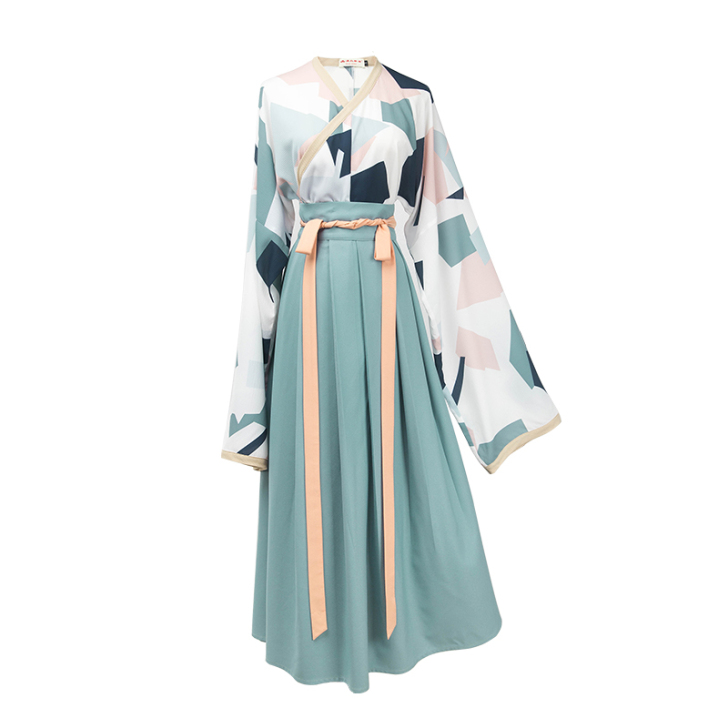 汉尚华莲传统汉服女装白竺时尚风齐腰格子交领...