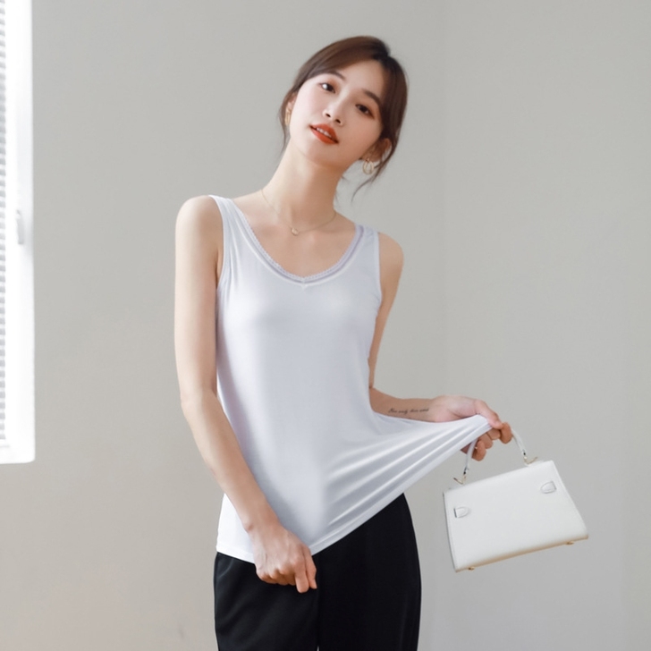 莫代尔吊带背心女夏季薄款蕾丝花边V领性感修...