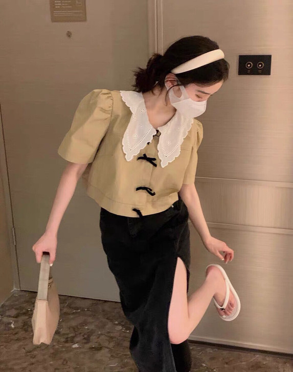 重工钩花小衫短袖春夏新款纯棉衬衫短款显腿长...