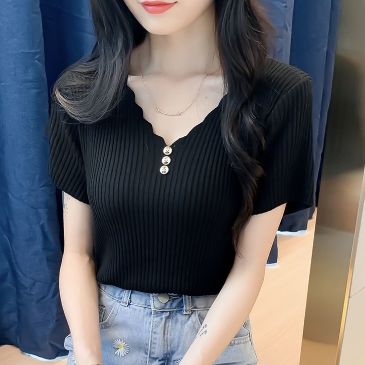 2021夏季新款韩版纯色短袖女针织衫修身打...