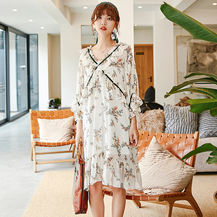 原创荷叶边小碎花连衣裙女夏装显瘦雪纺裙气质...