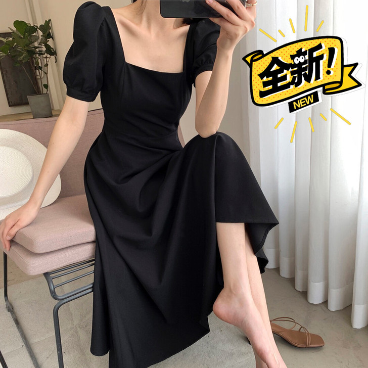实体清仓 方领泡泡袖赫本风小黑裙长款大码夏...