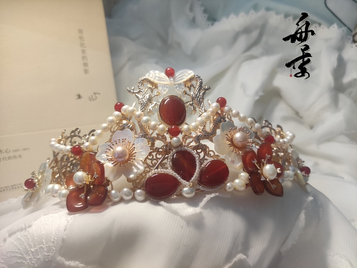 【古风发饰】婚嫁红玛瑙淡水珍珠蝶贝大发冠