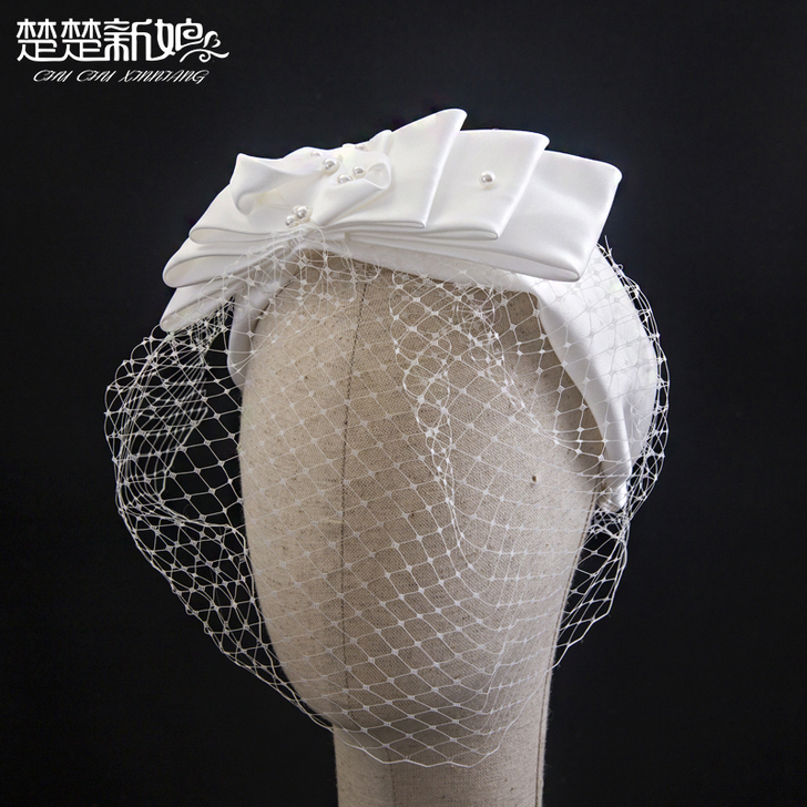 新娘头饰欧式复古蝴蝶结仿珍珠网纱发箍发带婚...