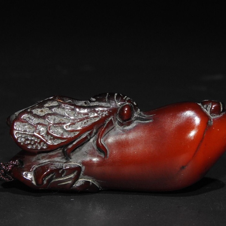 牦牛角精雕金蝉知了挂件牛角手把件小摆件古玩...