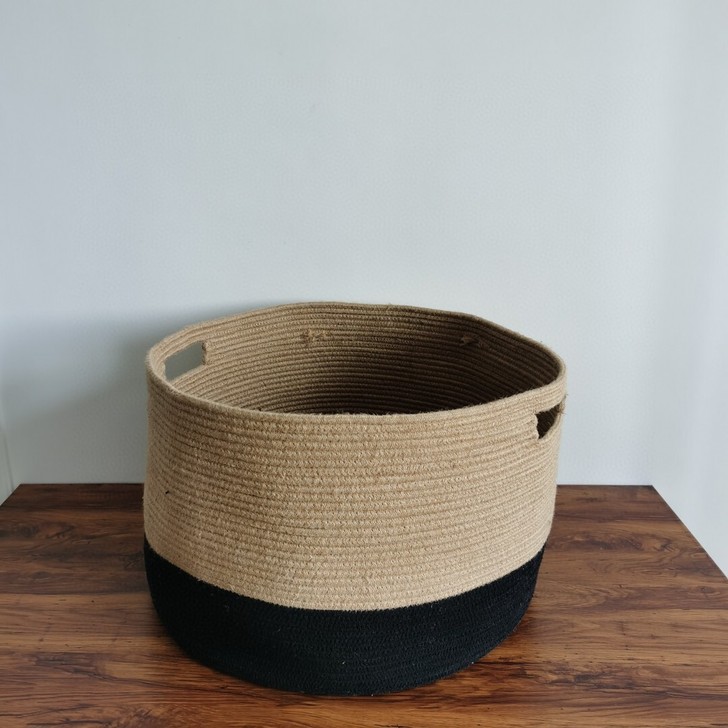 亚麻拼接棉绳编织收纳筐，透着复古原始气息的...